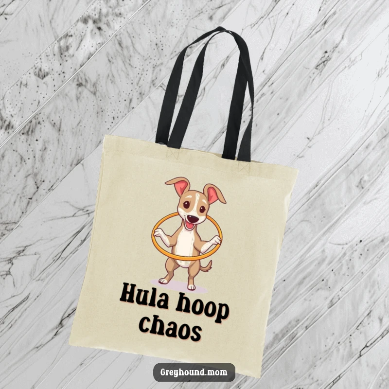 Funny Greyhound attempting to hula hoop with a miniature hoop, depicted on a durable and humorous tote bag.