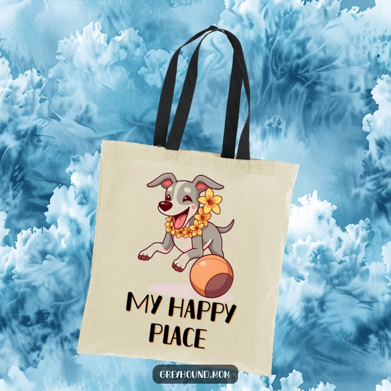 Funny Greyhound in a flower lei, joyfully running after a rolling ball, durable and humorous tote bag.