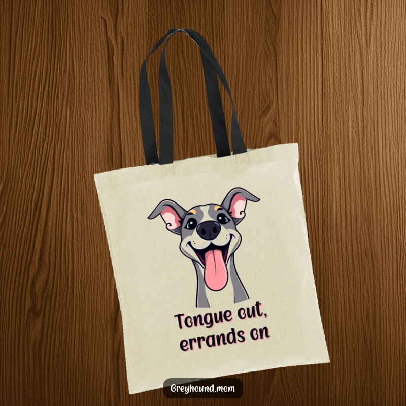Funny Greyhound Tote Bag with tongue lolling out in playful excitement, a fun and humorous gift.
